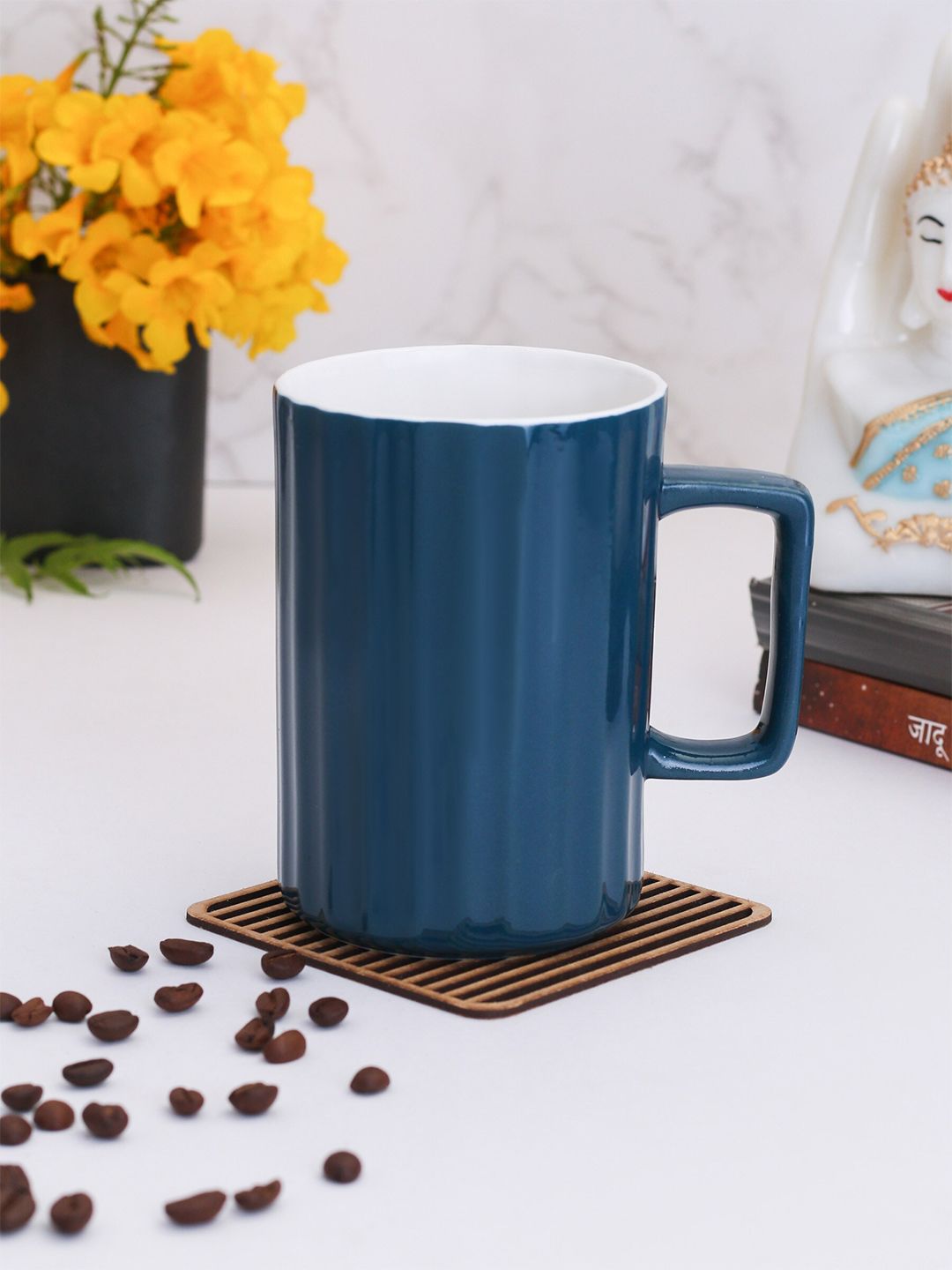 CLAY CRAFT Navy Blue & White Textured Ceramic Mug Price in India