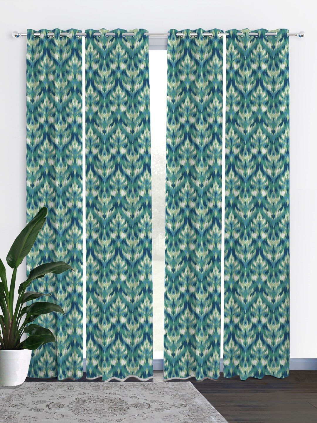 HOUZZCODE Blue & Lime Green Set of 4 Curtains Price in India