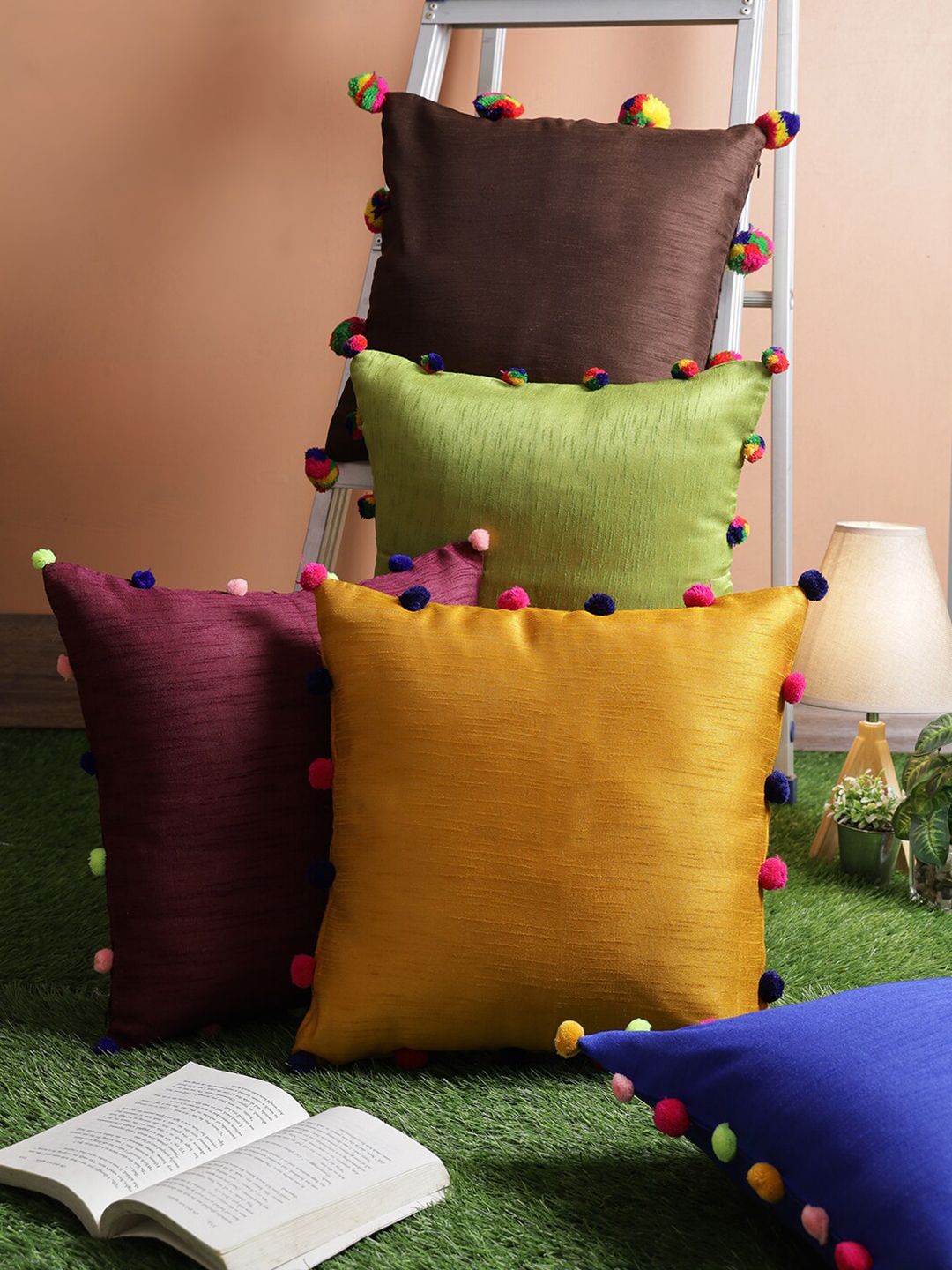 RANGDESI Set of 5 Multicoloured Solid Square Cushion Covers Price in India