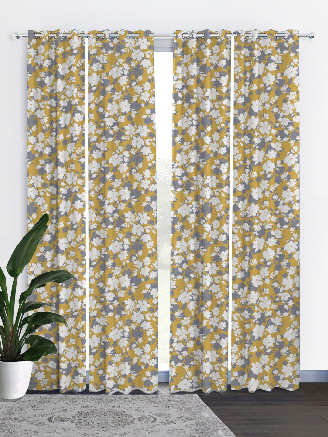 HOUZZCODE Tan & Grey Set of 4 Curtains Price in India