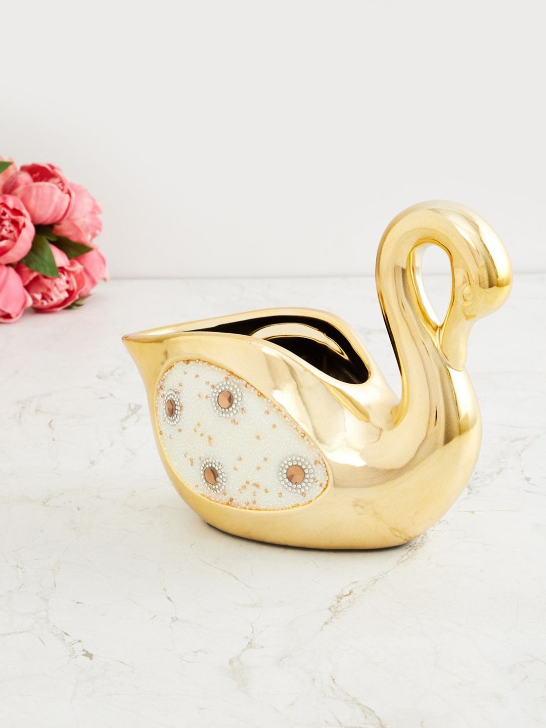 Home Centre Gold-Toned & White Embellished Swan Figurine Showpiece Price in India