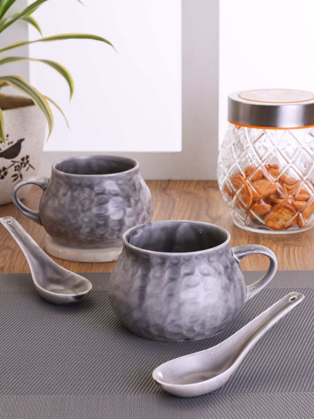 CLAY CRAFT Grey Set Of 2 Ceramic Soup Cups With Spoon Price in India