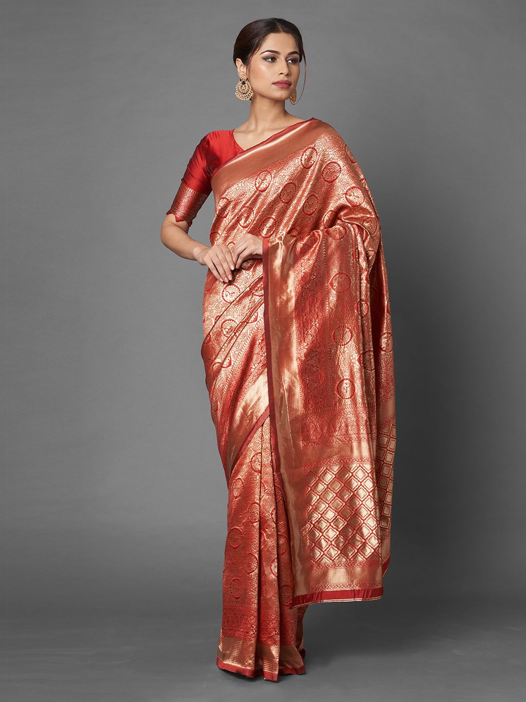 Mitera Red & Gold-Toned Woven Design Zari Silk Blend Banarasi Saree Price in India