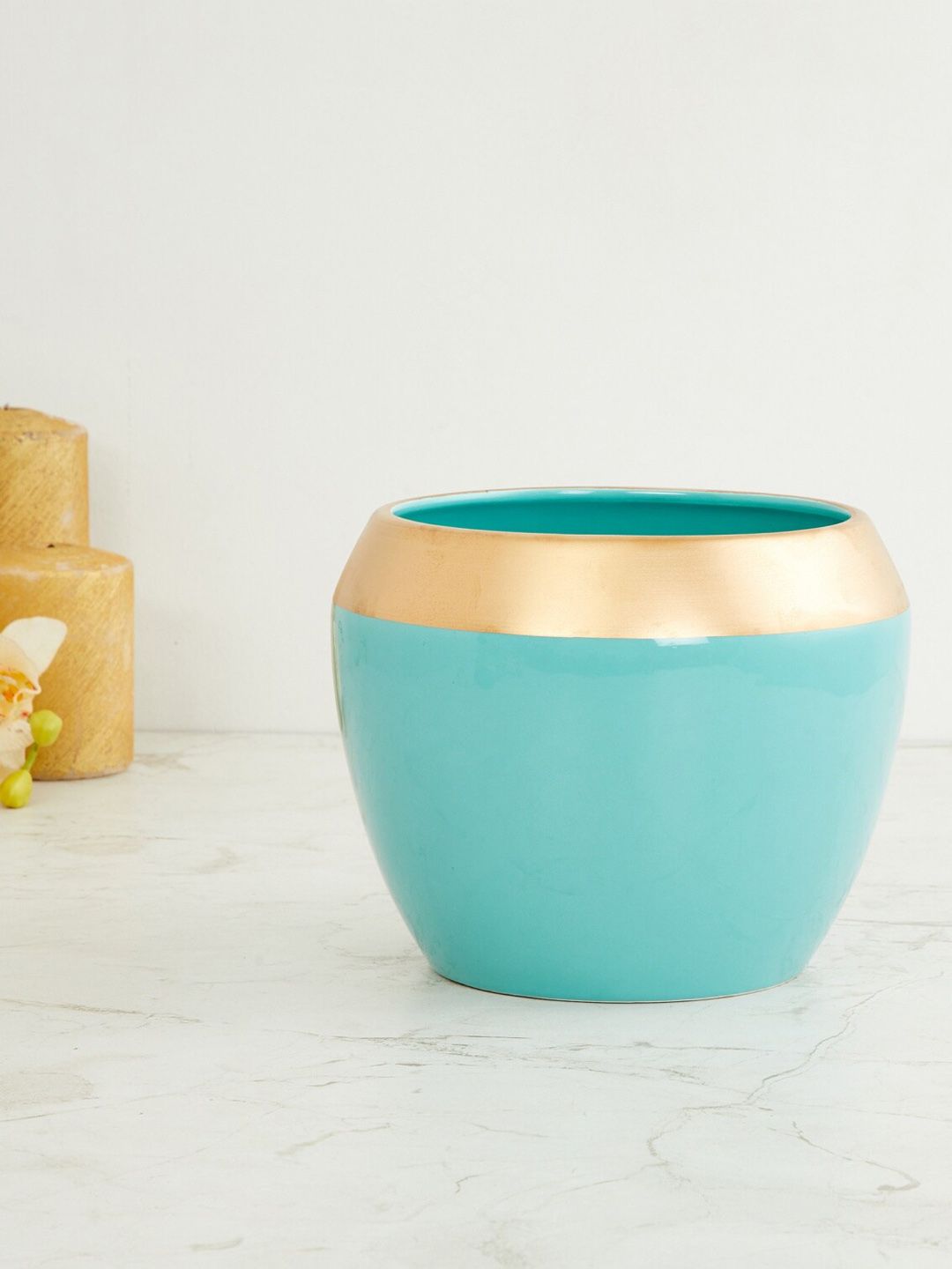 Home Centre Gold-Toned & Blue Splendid Colourblocked Planter Price in India