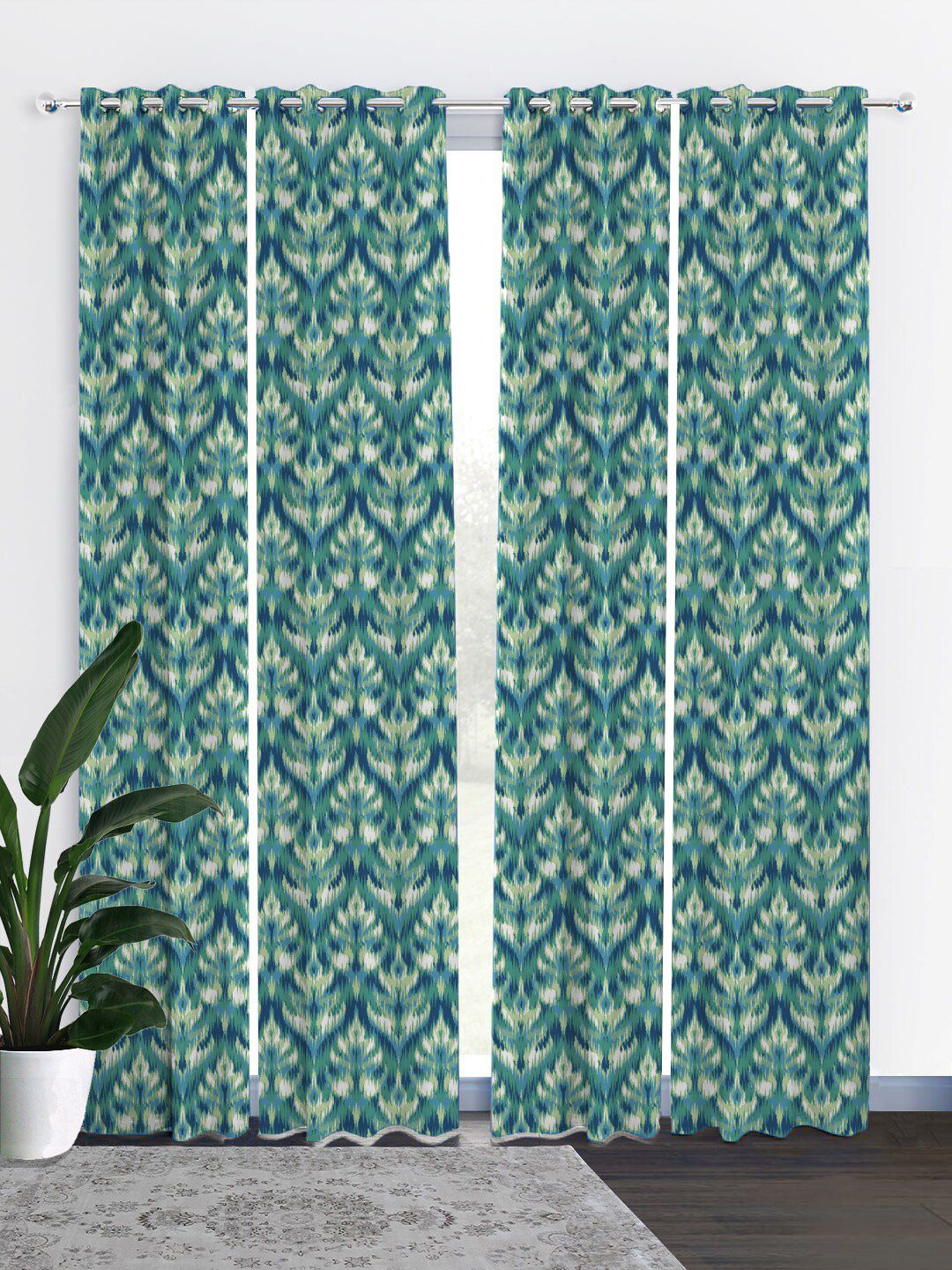 HOUZZCODE White & Blue Set of 4 Curtains Price in India