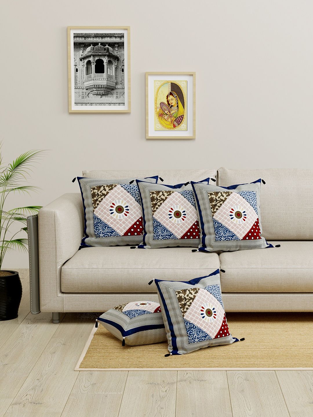 LIVING ROOTS Set of 5 Blue & White Ethnic Motifs Square Cushion Covers Price in India