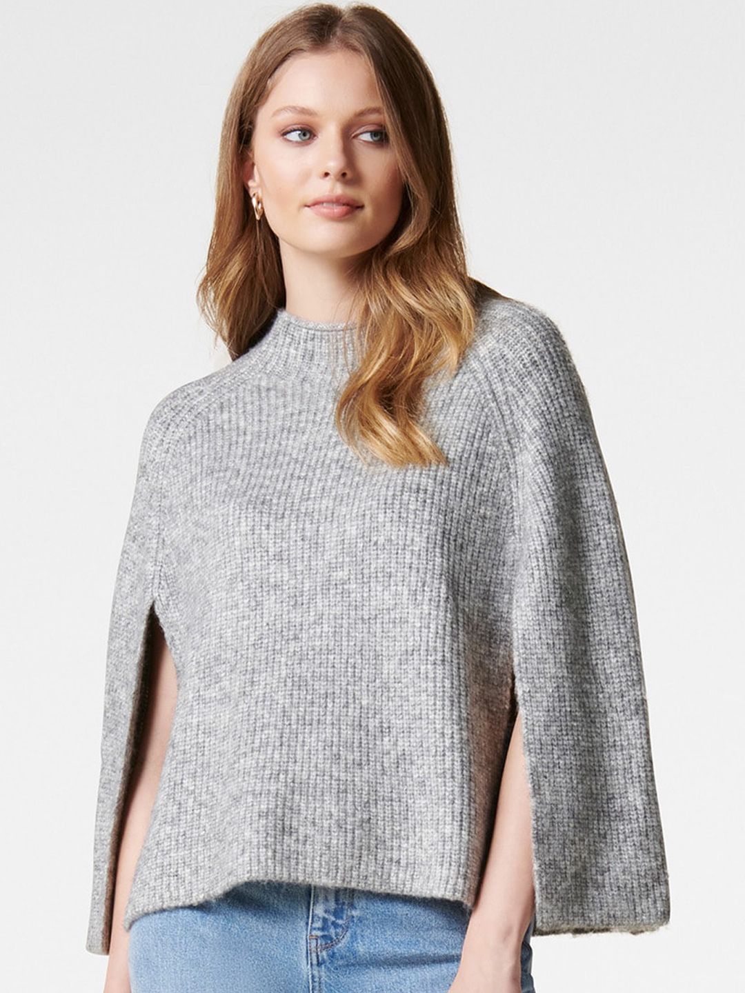 Forever New Women Grey Solid Poncho Sweater Price in India