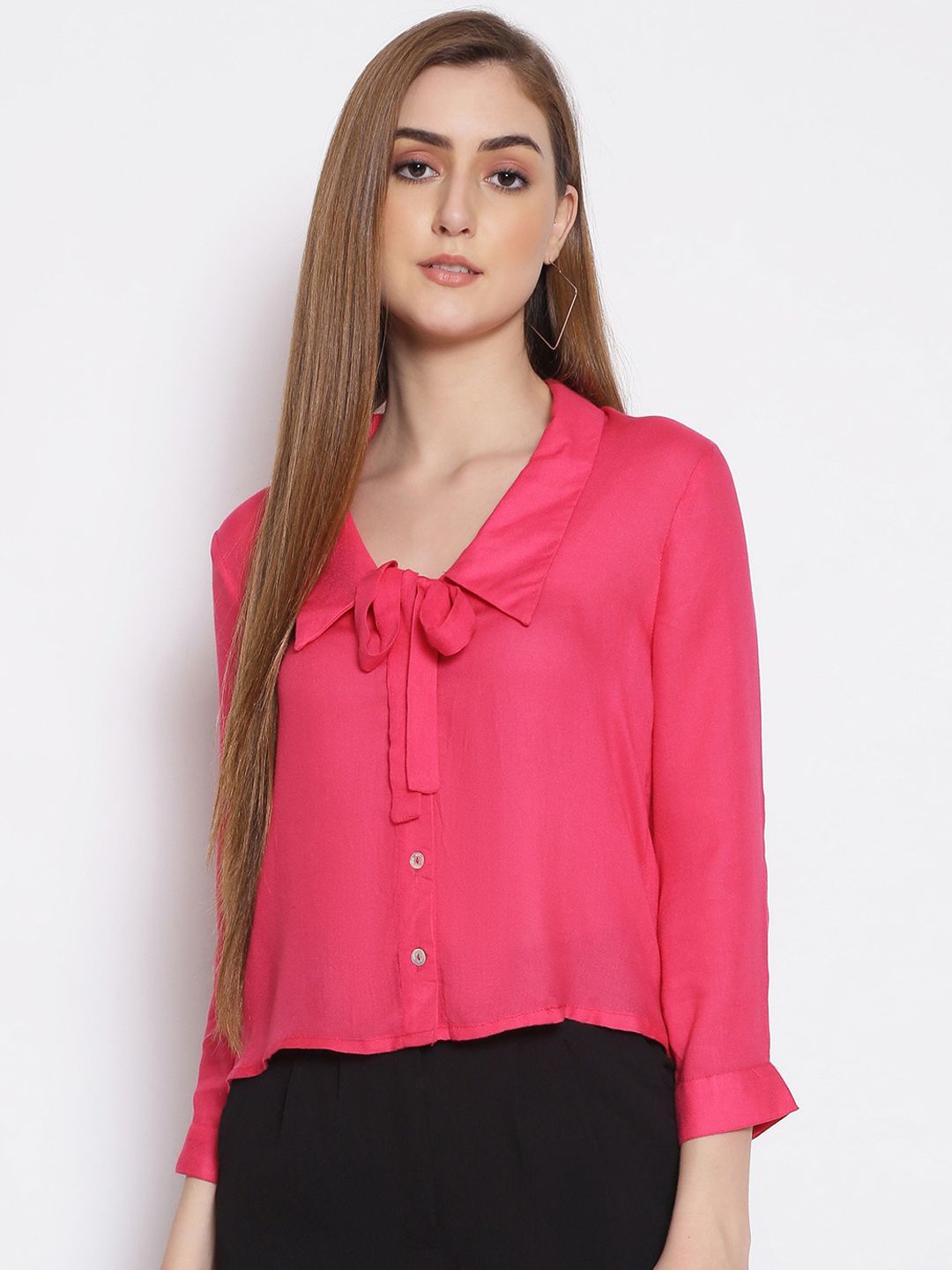 Oxolloxo Women Pink Regular Fit Solid Casual Shirt