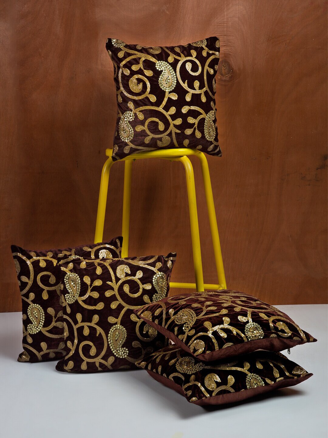 HOSTA HOMES Brown & Gold-Toned Set of 5 Embroidered Square Cushion Covers Price in India
