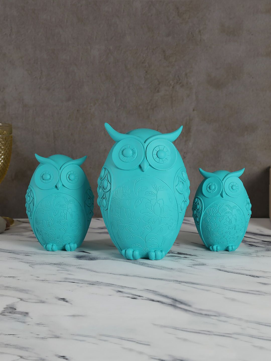 India Circus by Krsnaa Mehta Set of 3 Turquoise Blue Owls Figurine Showpieces Price in India
