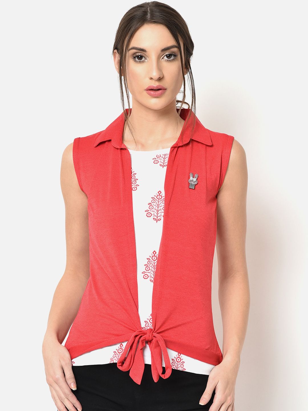 V2 Value & Variety Red & White Layered Shirt Style Top