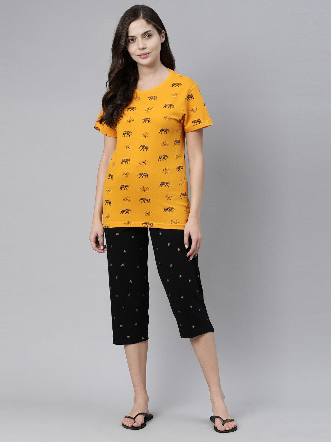 Kryptic Women Mustard & Black Printed Pure Cotton Night suit Price in India