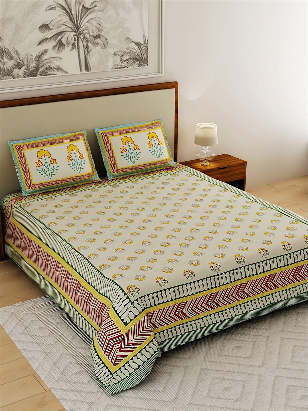Salona Bichona Yellow & Green Floral 120 TC Cotton 1 King Bedsheet with 2 Pillow Covers Price in India