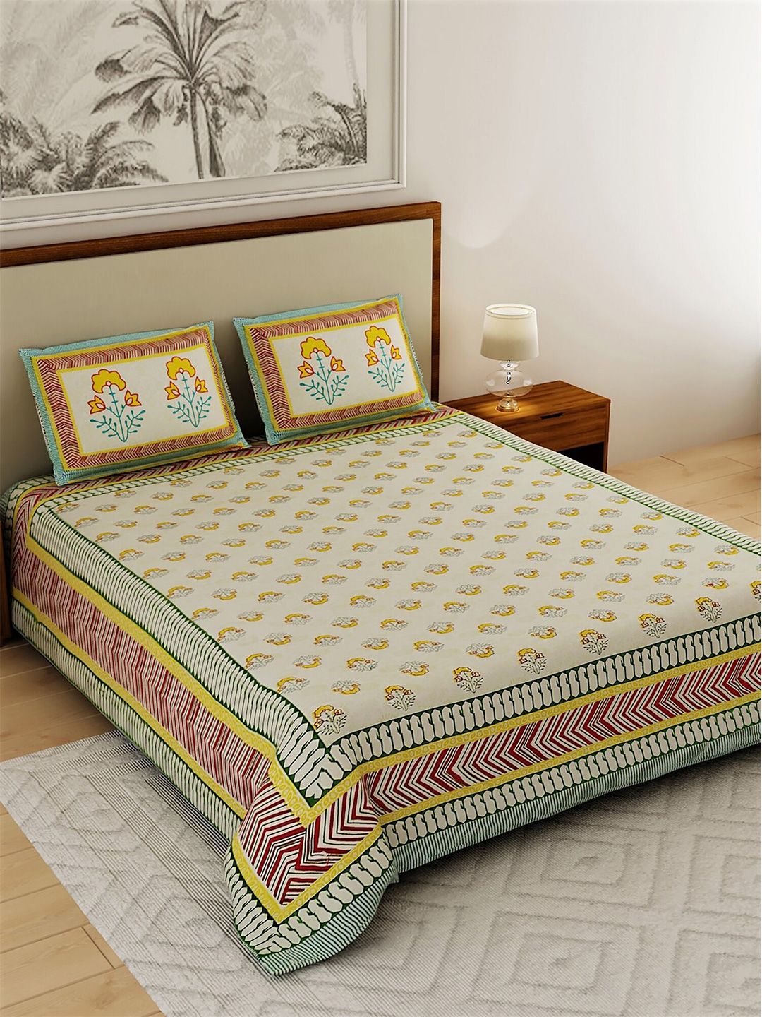 Salona Bichona Yellow & Green Floral 120 TC Cotton 1 King Bedsheet with 2 Pillow Covers Price in India