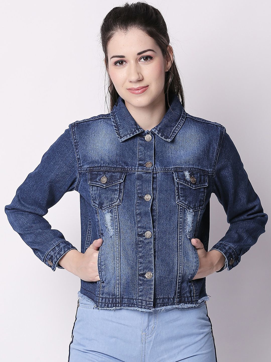 High Star Women Navy Blue Washed Distressed Denim Jacket Price in India