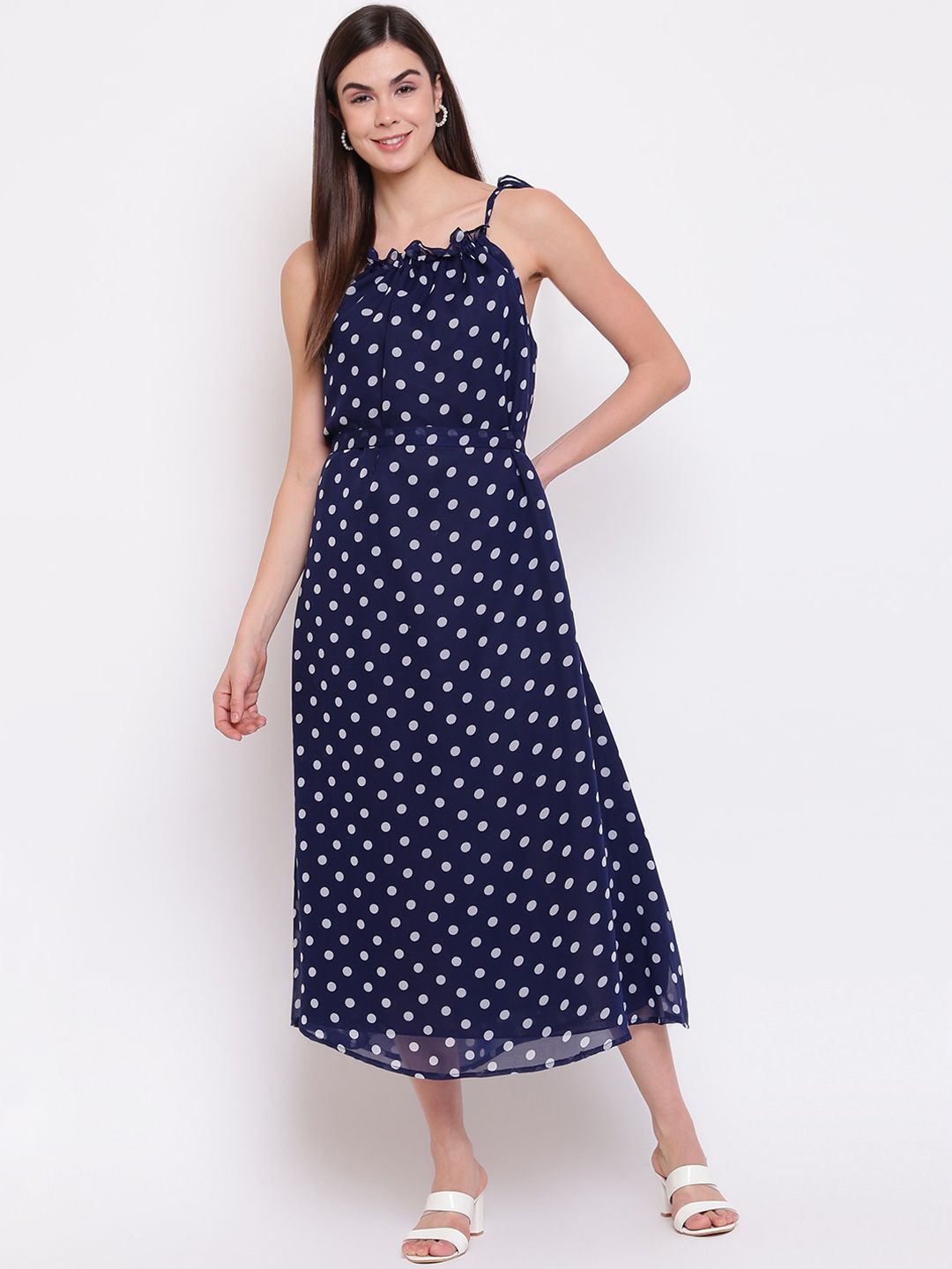 Ashnaina Women Blue & White Printed Midi A-Line Dress Price in India