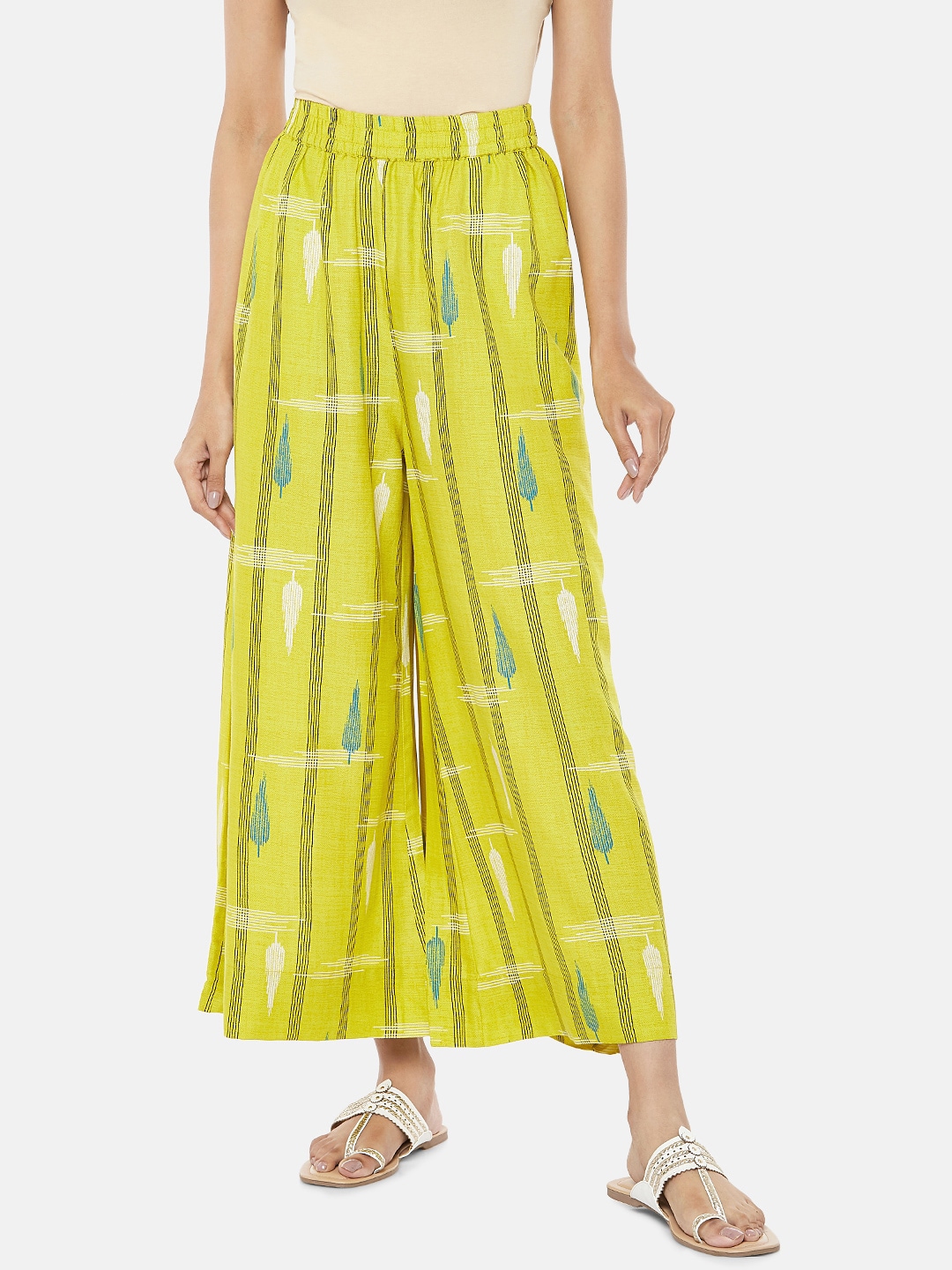 RANGMANCH BY PANTALOONS Women Lime Green Printed Wide Leg Palazzos Price in India
