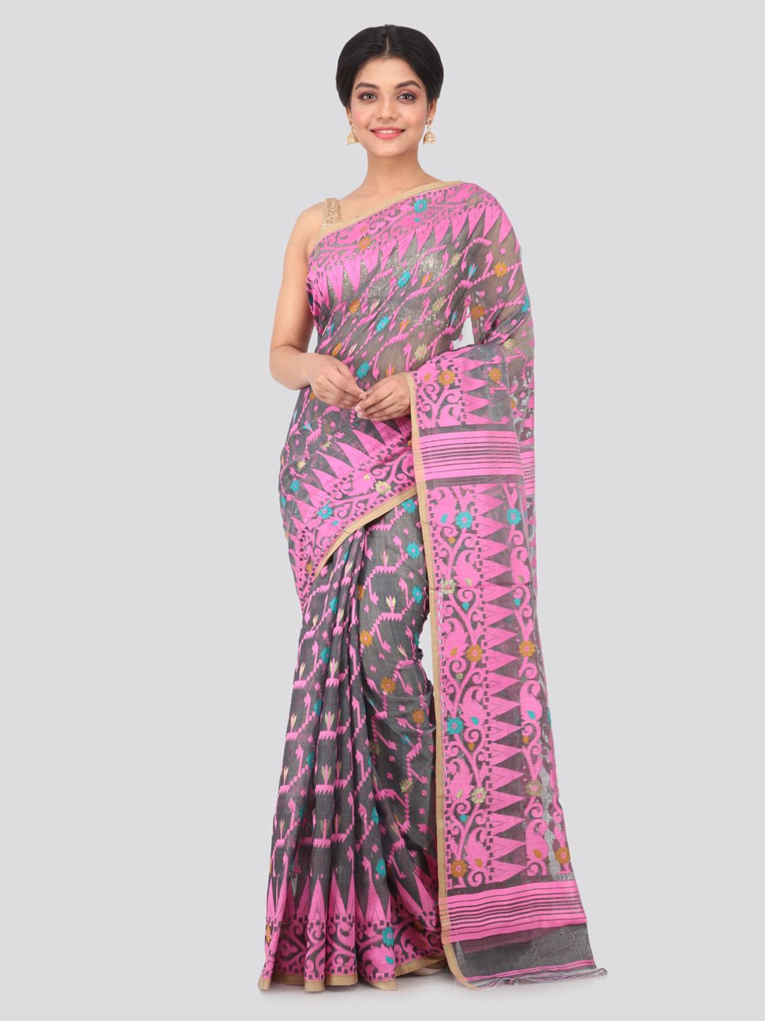 PinkLoom Grey Pure Cotton Woven Design Jamdani Sustainable Saree Price in India