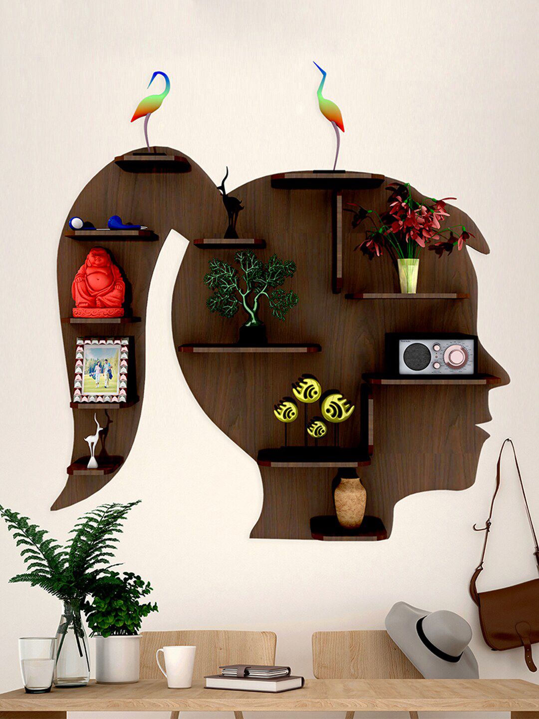 WALLMANTRA Brown Girl Shaped MDF Basic Wall Shelf Price in India