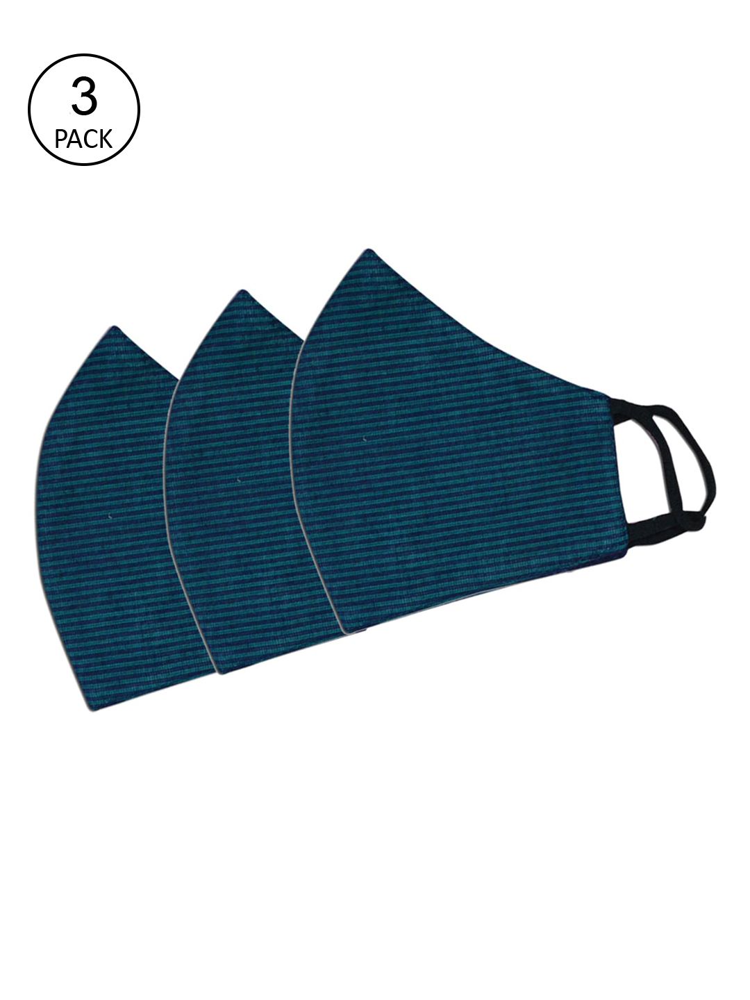 Tossido Pack Of 3 Green & Blue Digitally Striped 3-Ply 100% Cotton Reusable Cloth Masks Price in India