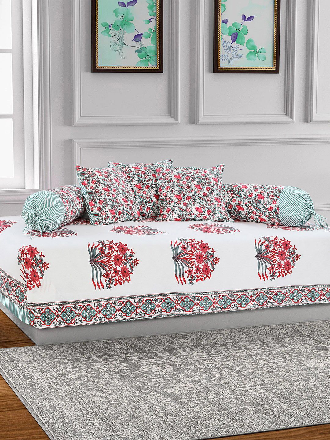 Salona Bichona Set Of 6 Red & White Floral Printed 144 TC Cotton Bedsheet With Bolster & Cushion Covers Price in India