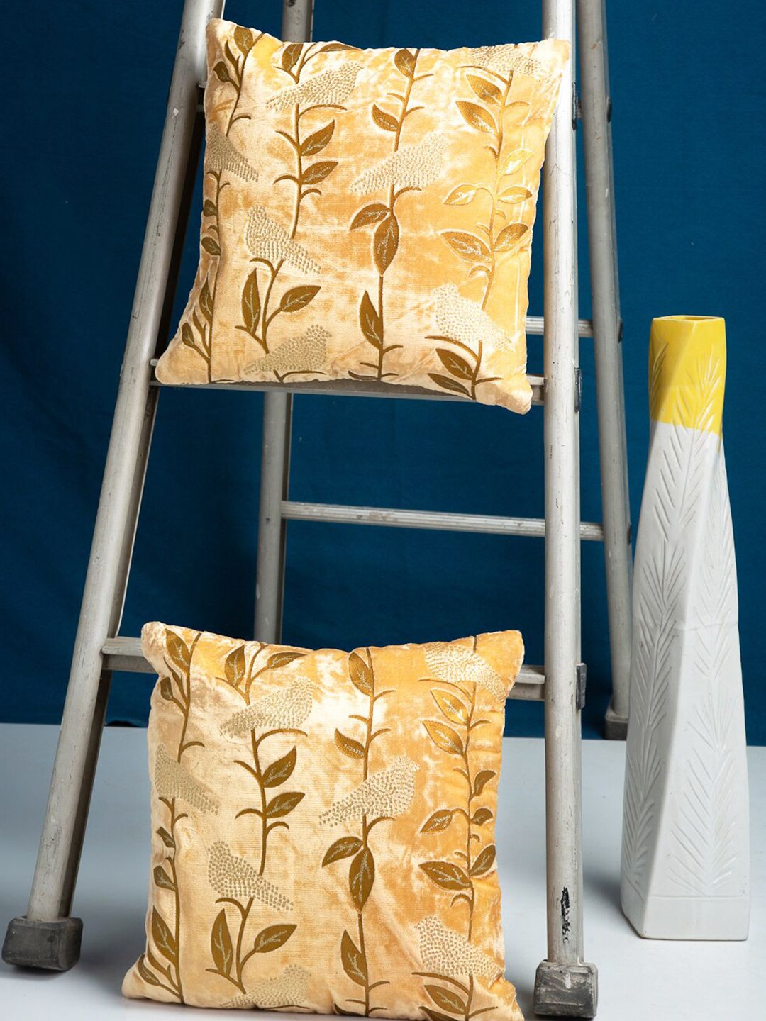 HOSTA HOMES Cream-Coloured & Yellow Set of 2 Floral Square Cushion Covers Price in India