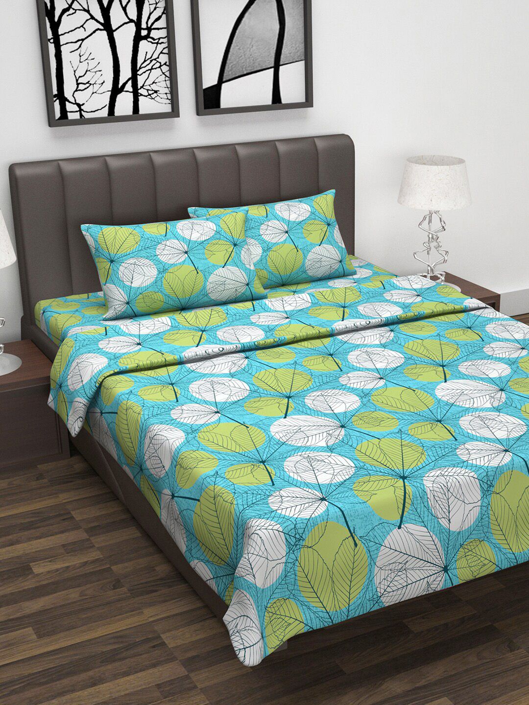 Divine Casa White & Blue Floral Printed 144 TC Double Queen Cotton Bedding Set Price in India