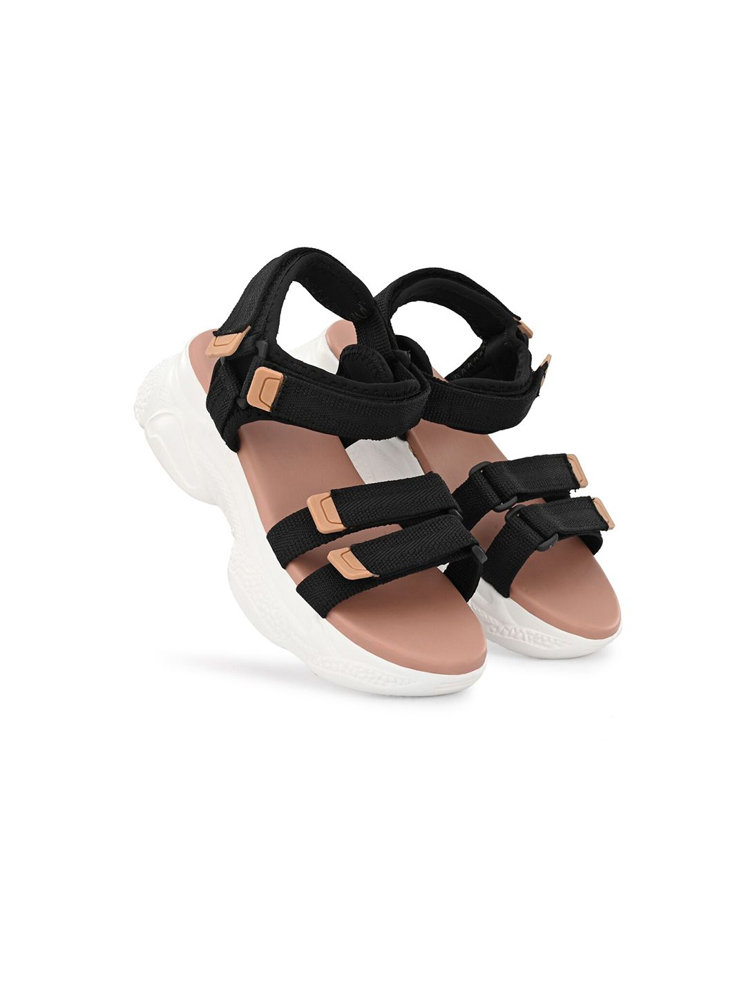 HIROLAS Women Black & Nude-Coloured Sports Sandals Price in India