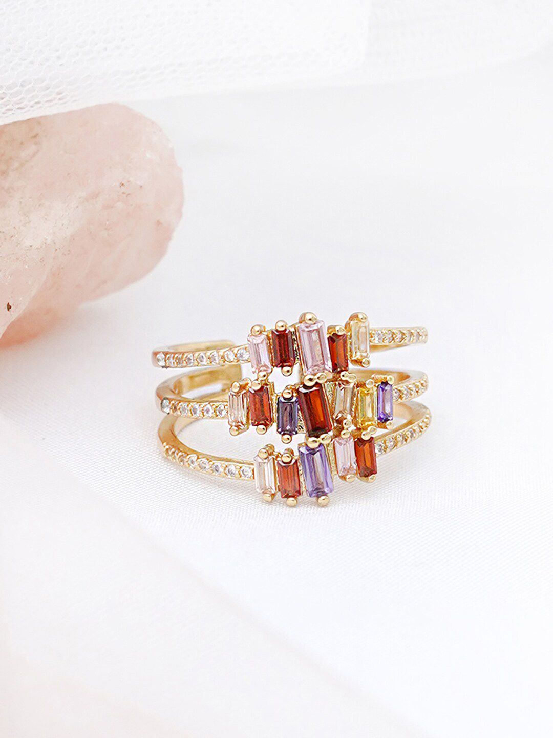JOKER & WITCH Gold-Plated Red & Purple Rhinestones-Studded Rainbow Bling Adjustable Finger Ring Price in India