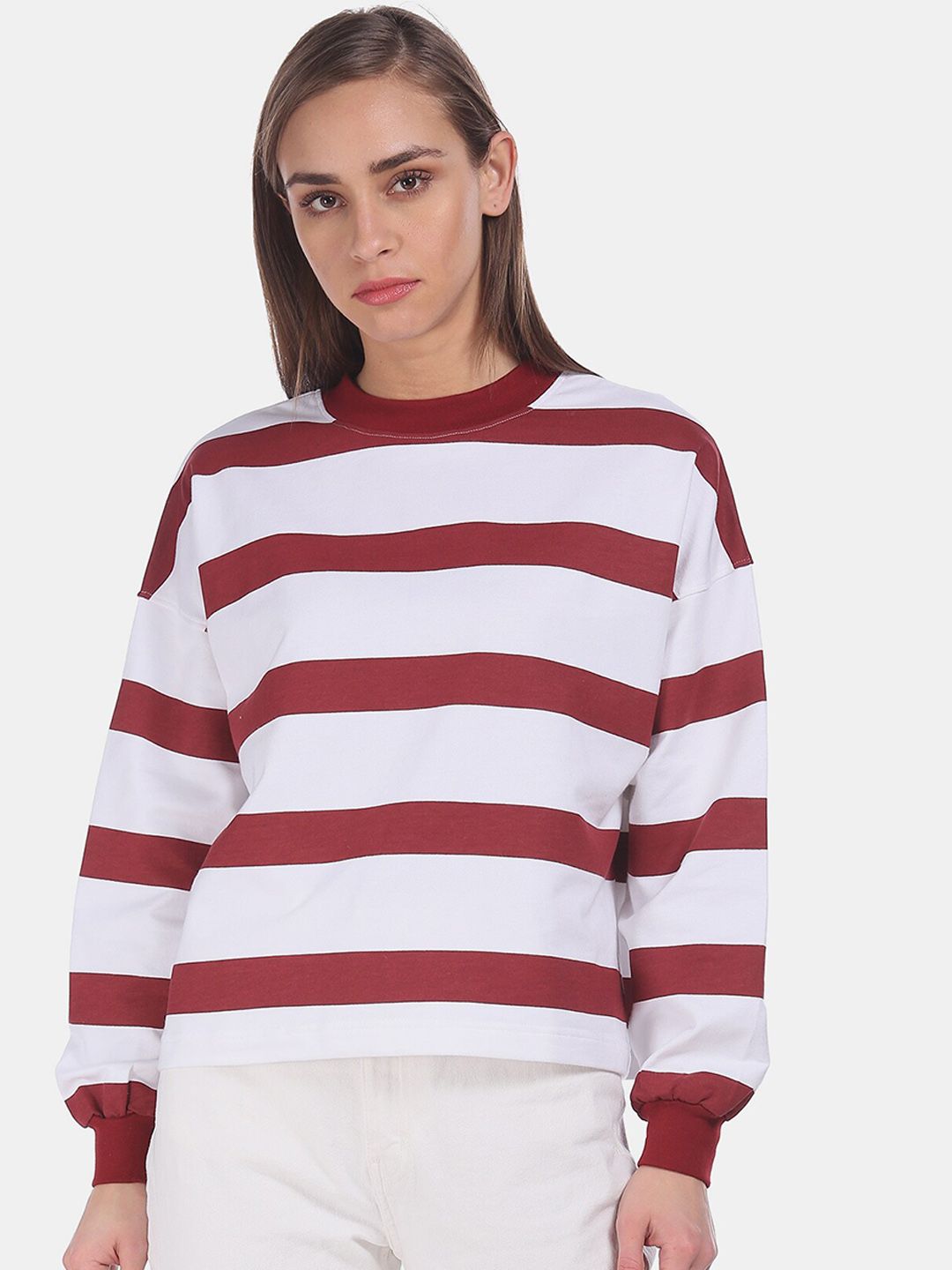 Flying Machine Women White & Maroon Striped Pure Cotton Sweatshirt Price in India