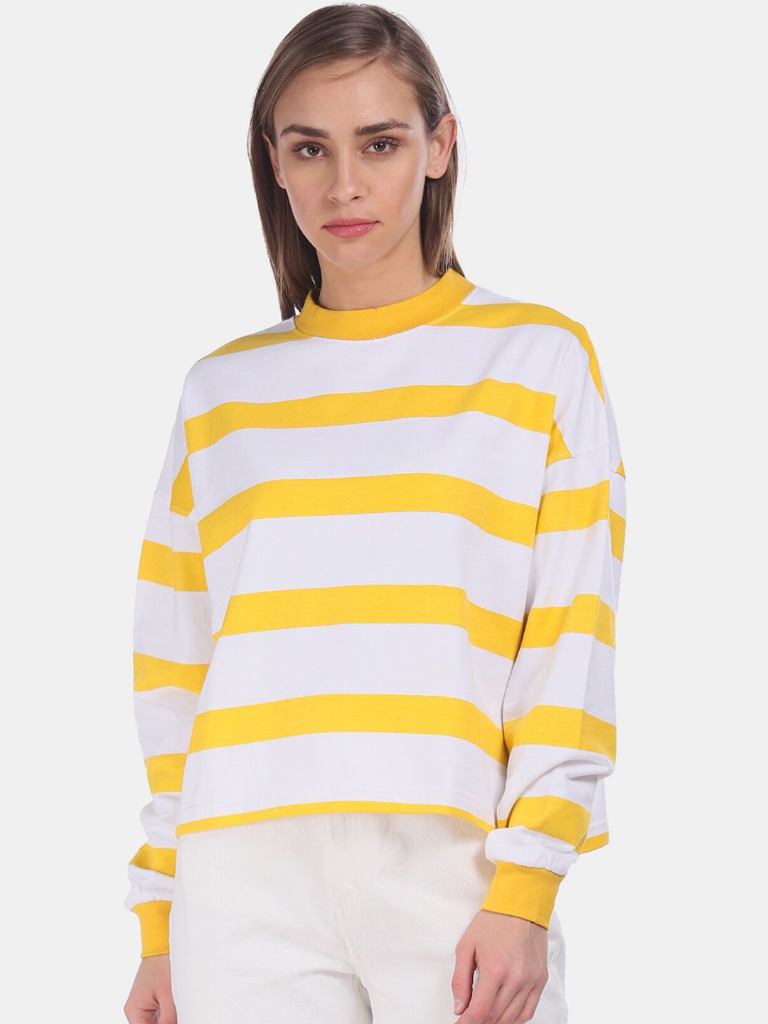 Flying Machine Women White & Yellow Striped Pure Cotton Sweatshirt Price in India