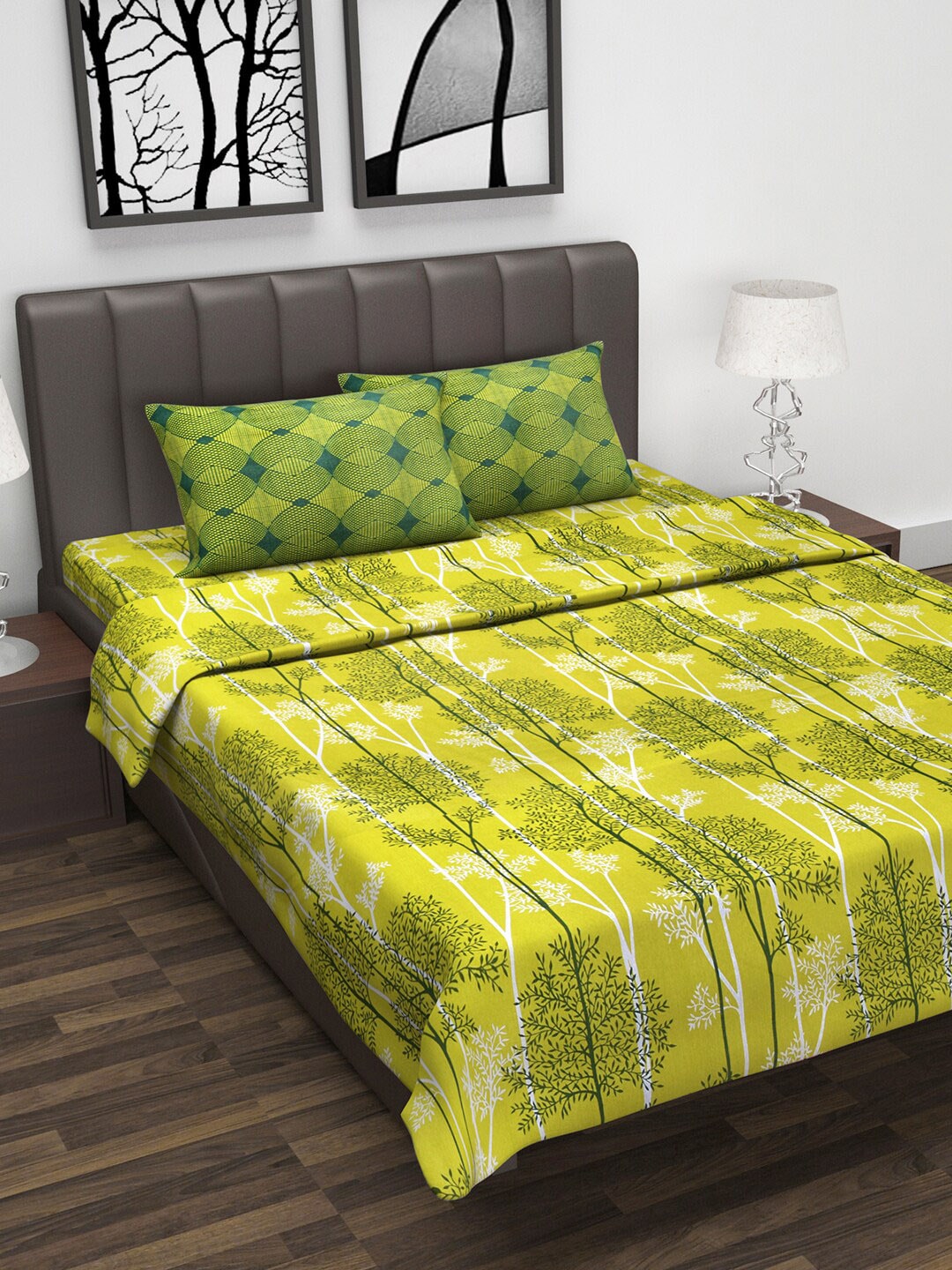 Divine Casa Lime Green Floral Printed 144 TC Cotton Double Queen Bedding Set With Dohar Price in India