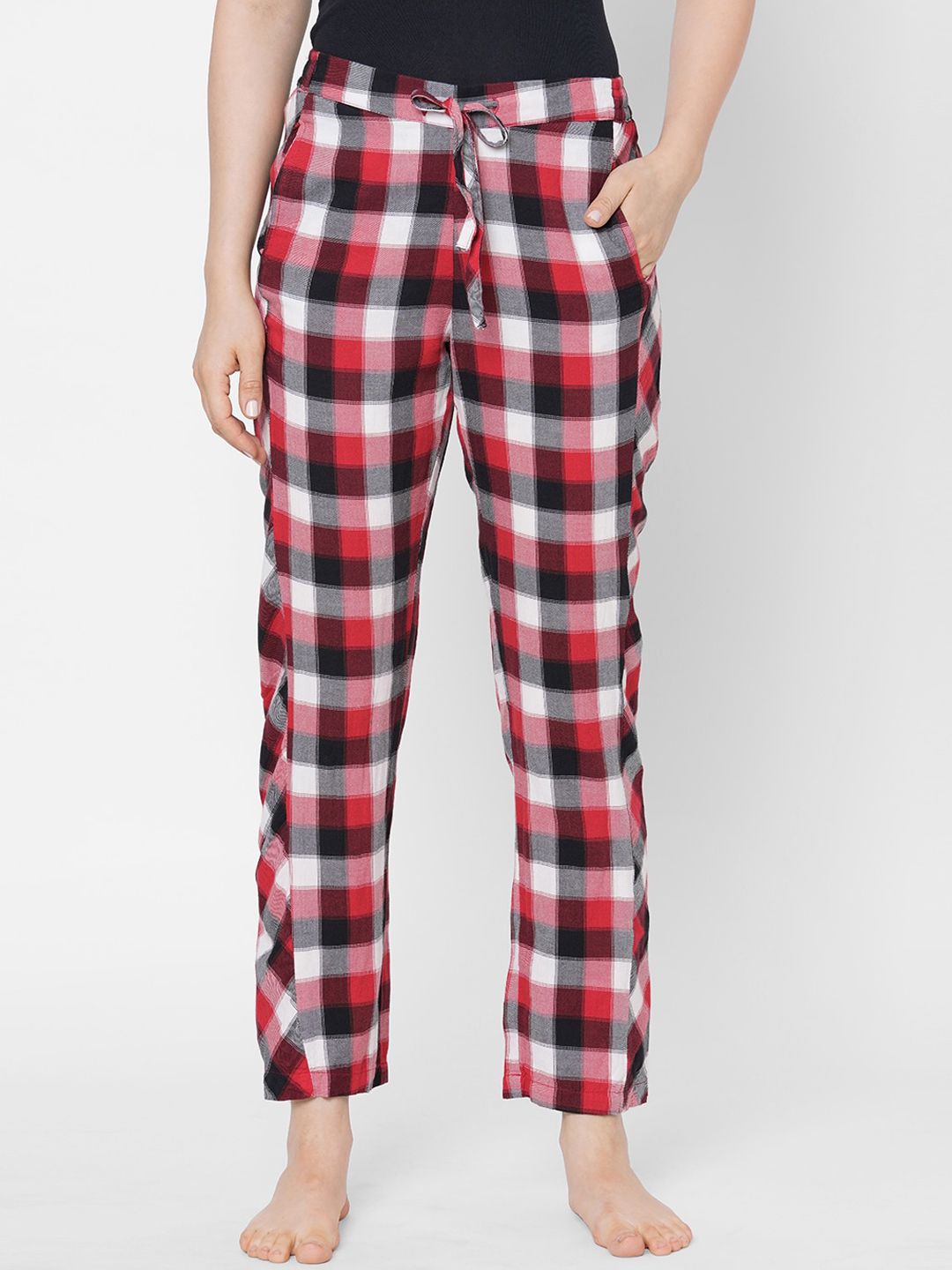 Mystere Paris Women Red & Black Checked Lounge Pants Price in India