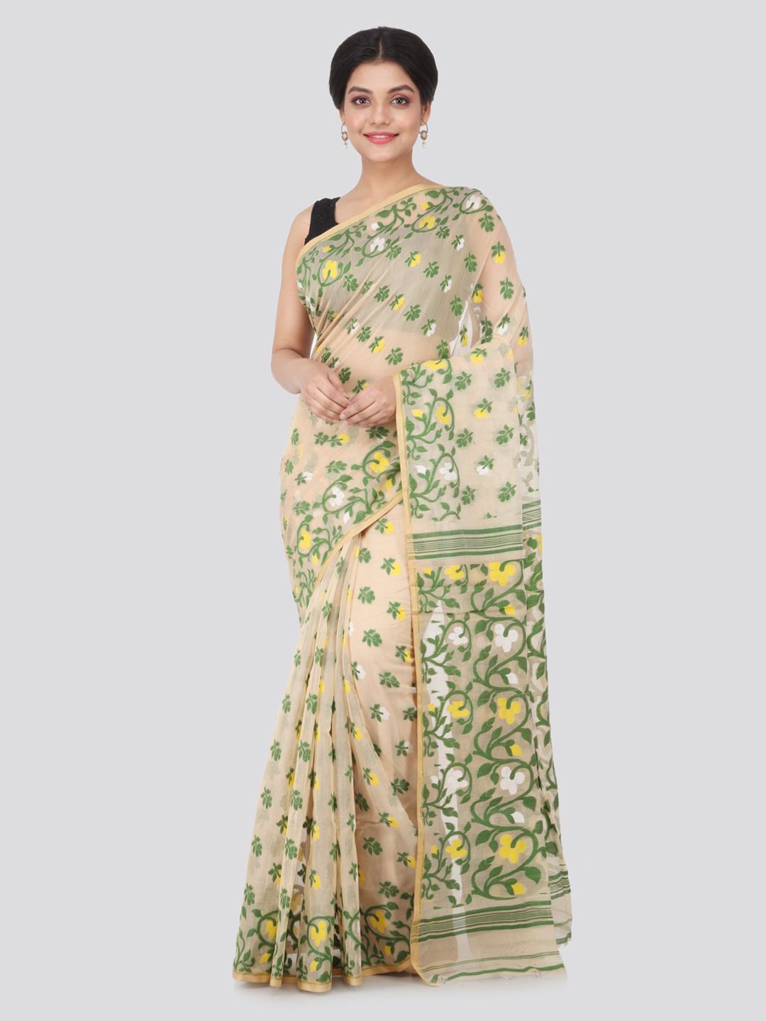 PinkLoom Beige Woven Design Jamdani Saree