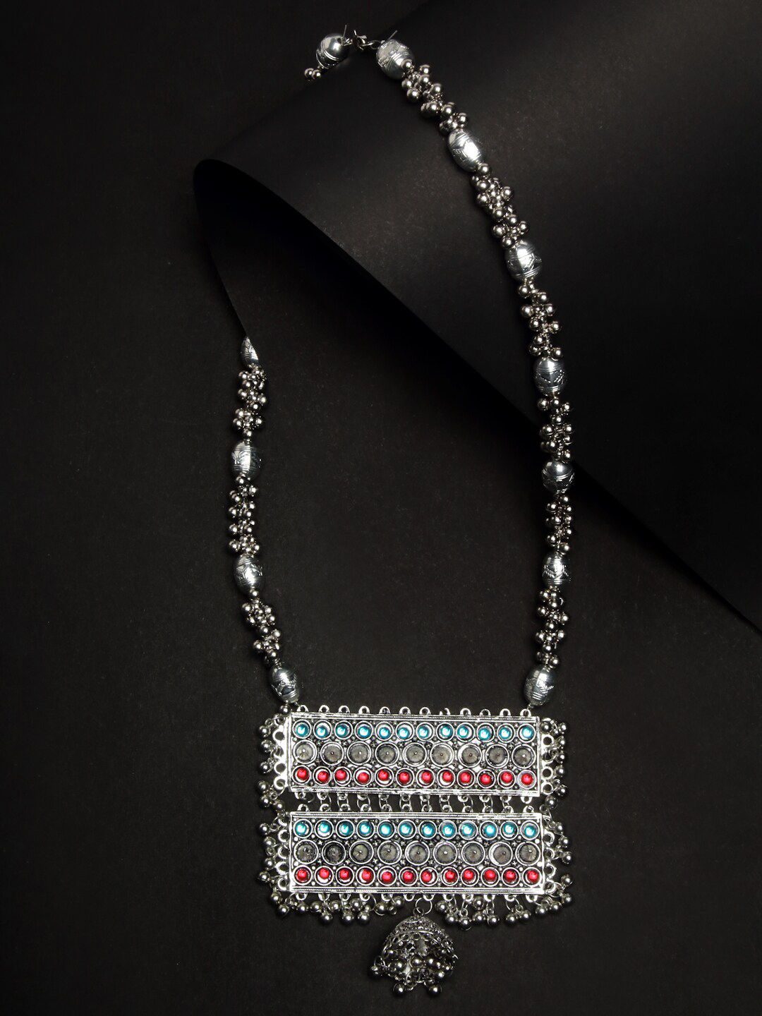 NEUDIS Silver-Toned & Blue Alloy Rhodium-Plated Oxidised Necklace Price in India