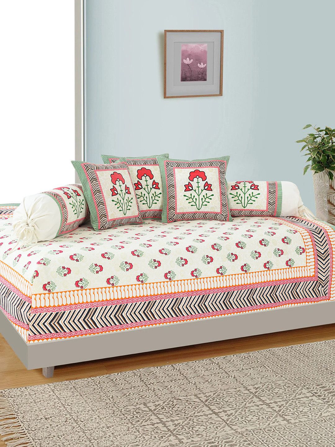 Salona Bichona Set Of 6 Off-White & Coral-Coloured Floral Printed 120 TC Cotton Bedsheet With Bolster & Cushion Covers Price in India