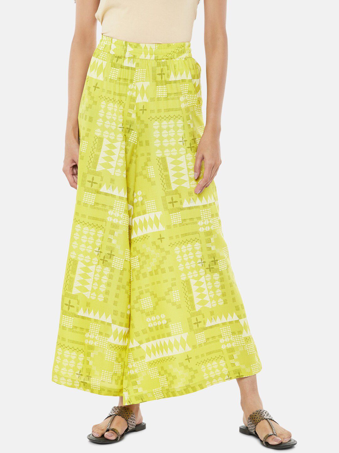 RANGMANCH BY PANTALOONS Women Lime Green & White Printed Wide Leg Palazzos Price in India