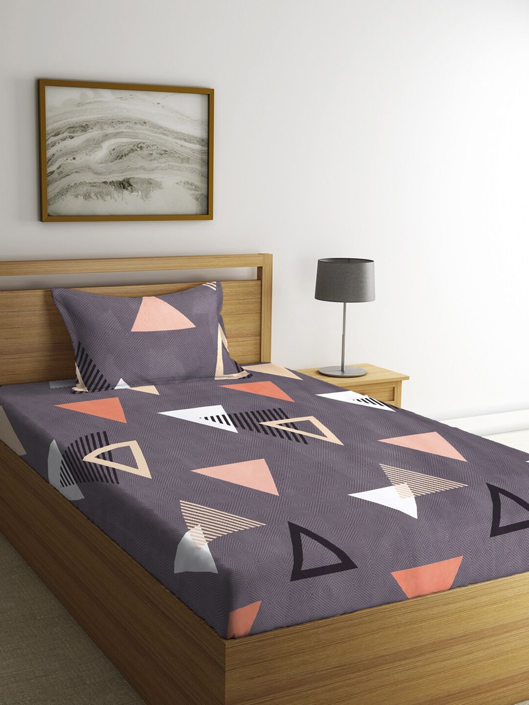 KLOTTHE Unisex Grey Geometric Cotton Single Bedsheet with Pillow Cover Price in India