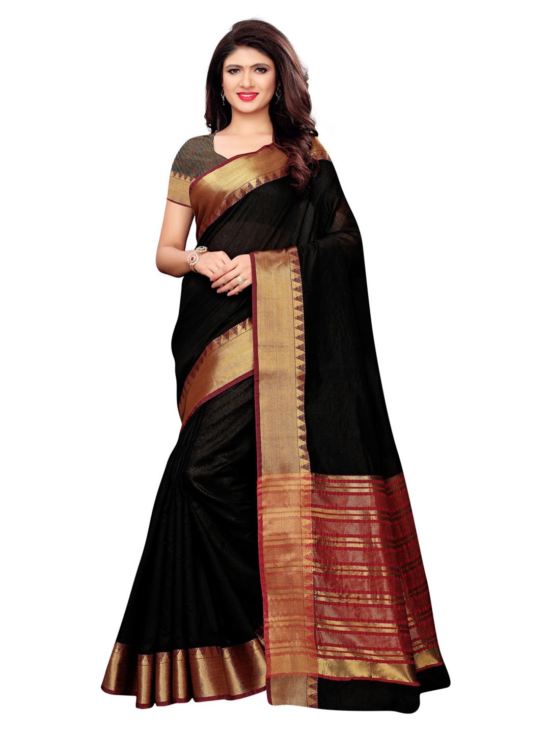 KALINI Black Silk Blend Solid Maheshwari Saree