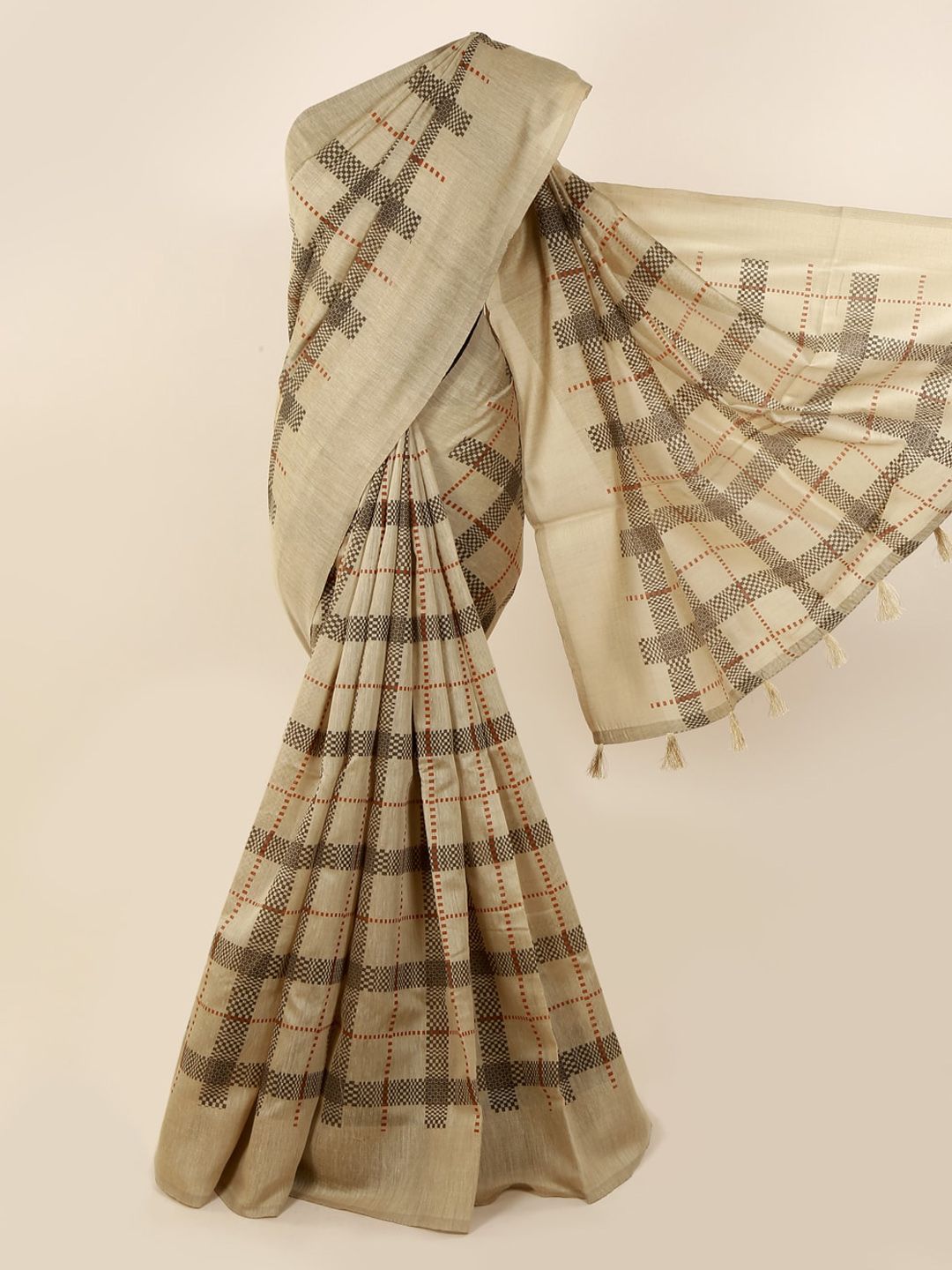 Pothys Green & Beige Jute Cotton Checked Saree