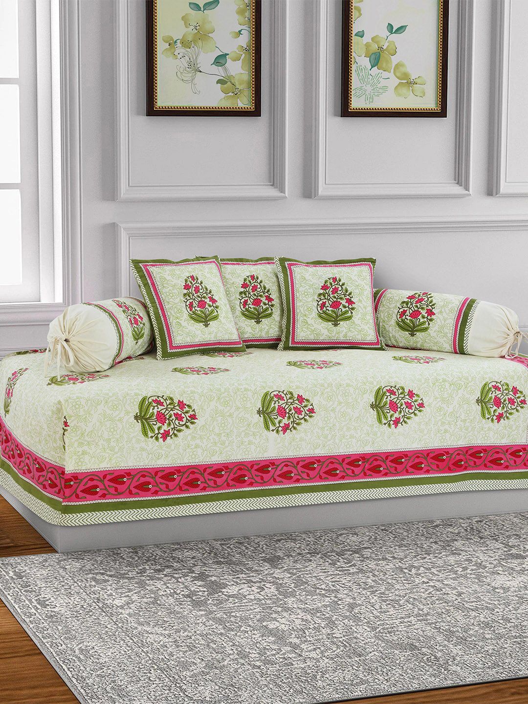 Salona Bichona Set Of 6 Green & Magenta Pink Jaipuri Printed 120 TC Cotton Bedsheet With Bolster & Cushion Covers Price in India