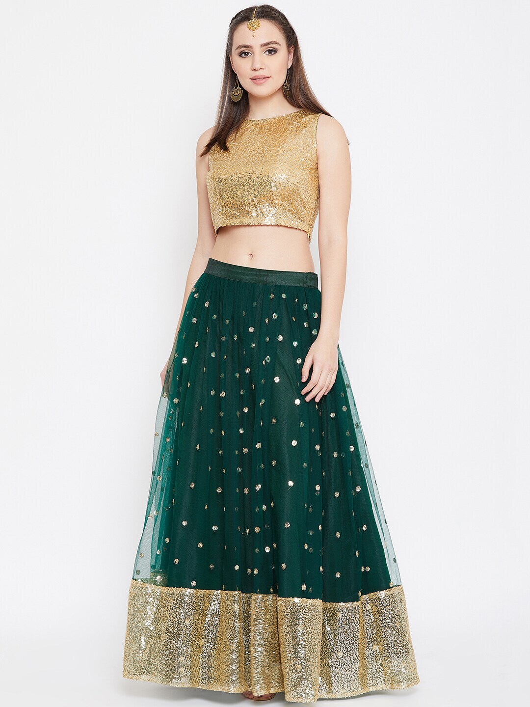 studio rasa Women Green & Gold-Toned Ready to Wear Embellished Lehenga with Blouse Price in India
