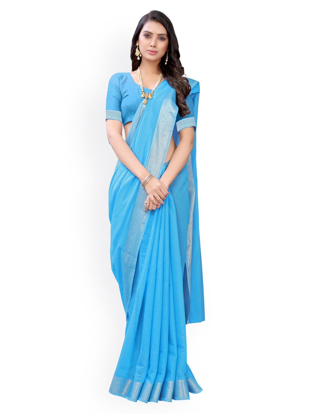 KALINI Blue Cotton Blend Solid Kanjeevaram Saree