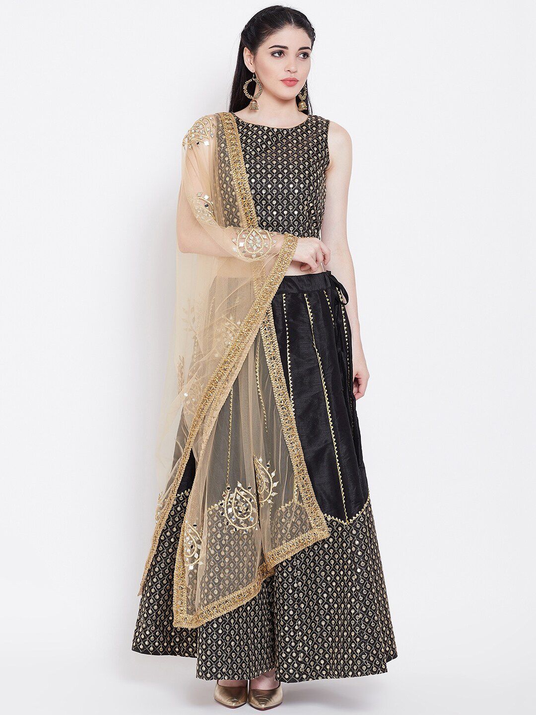 studio rasa Black & Gold-Toned Embroidered Ready to Wear Lehenga & Blouse with Dupatta