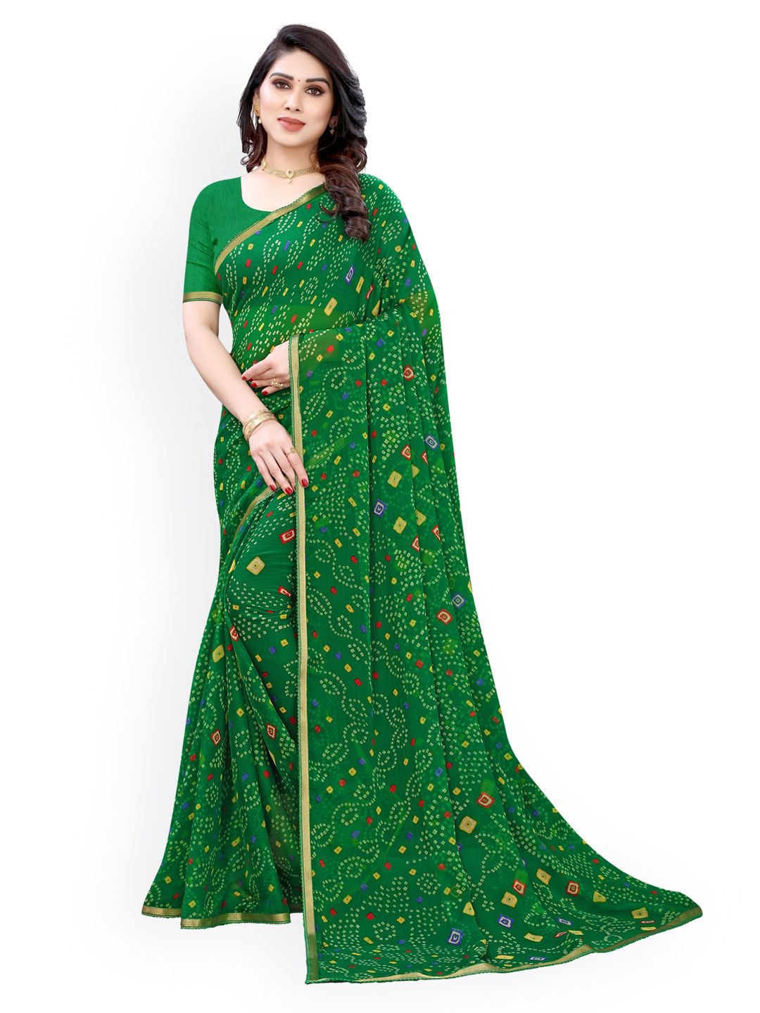 KALINI Green Printed Bandhani Saree