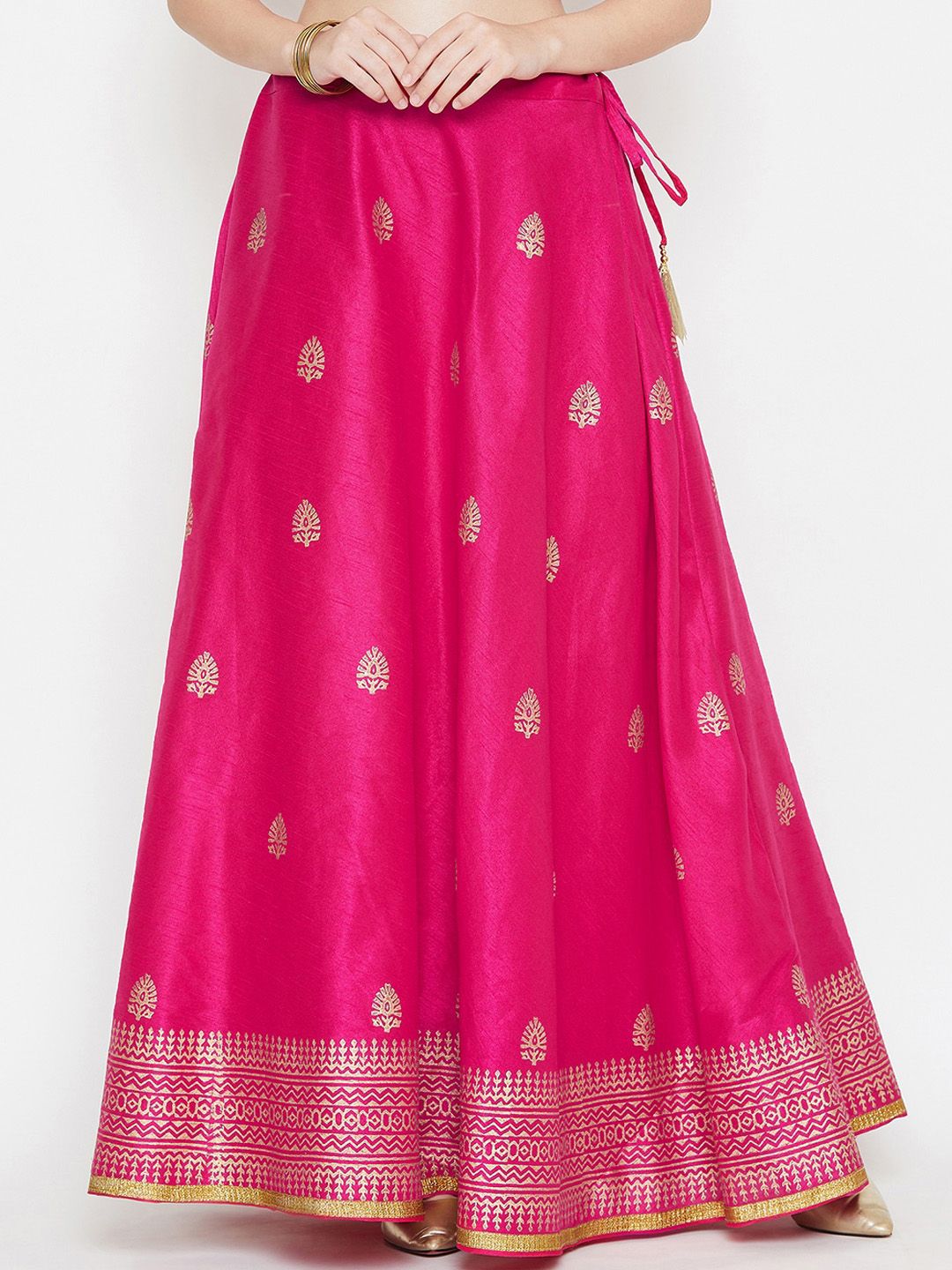 studio rasa Fuchsia Pink & Gold-Coloured Hand Block Printed Flared Maxi Skirt