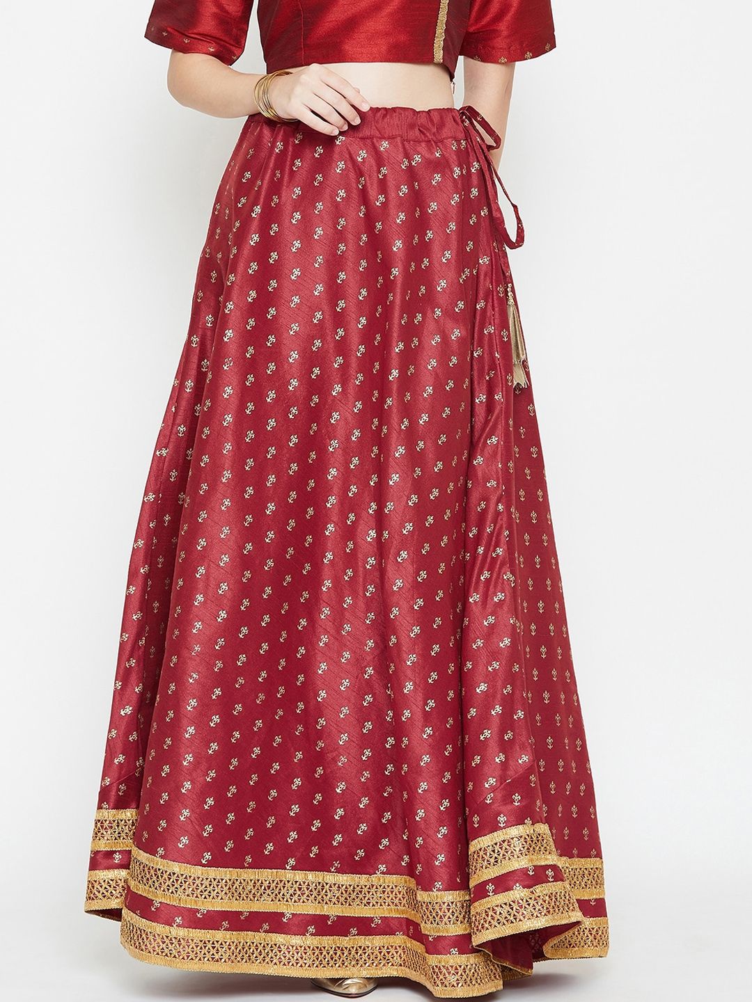 studio rasa Women Maroon & Gold-Coloured Block Printed Dupion Silk Flared Maxi Skirt