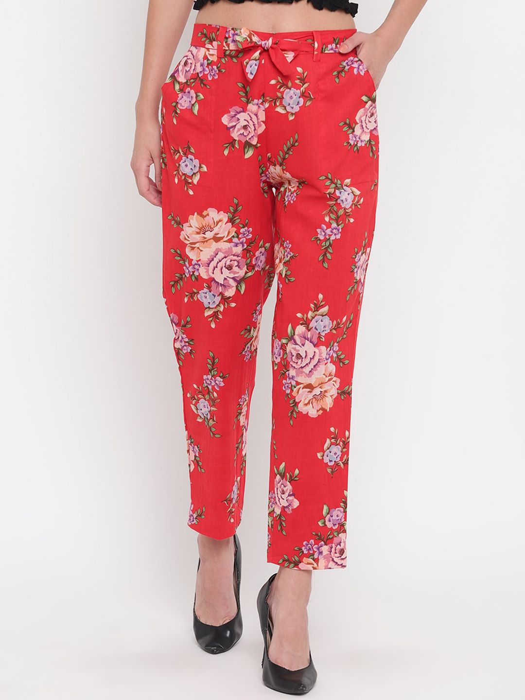 Aawari Women Red & Pink Regular Fit Printed Regular Trousers