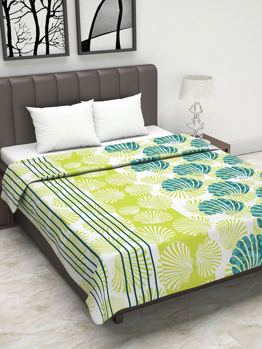 Divine Casa White & Lime Green Floral AC Room 110 GSM Double Bed Dohar Price in India