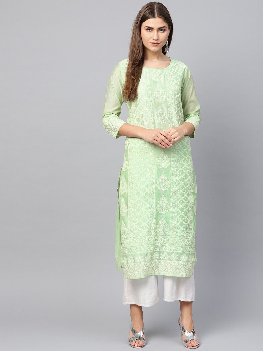 Varanga Women Green Ethnic Motifs Printed Chanderi Silk Kurta